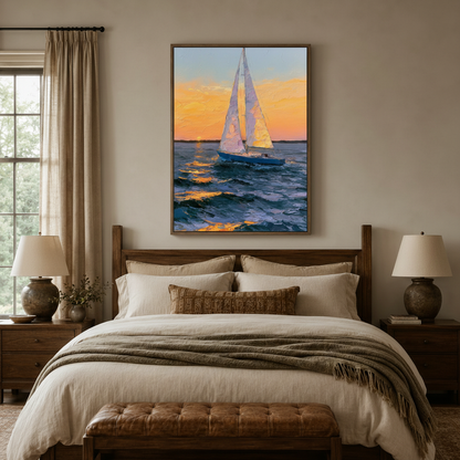 Impressionist sailboat ocean canvas art in wood frame hanging above bed in serene neutral bedroom with linen bedding