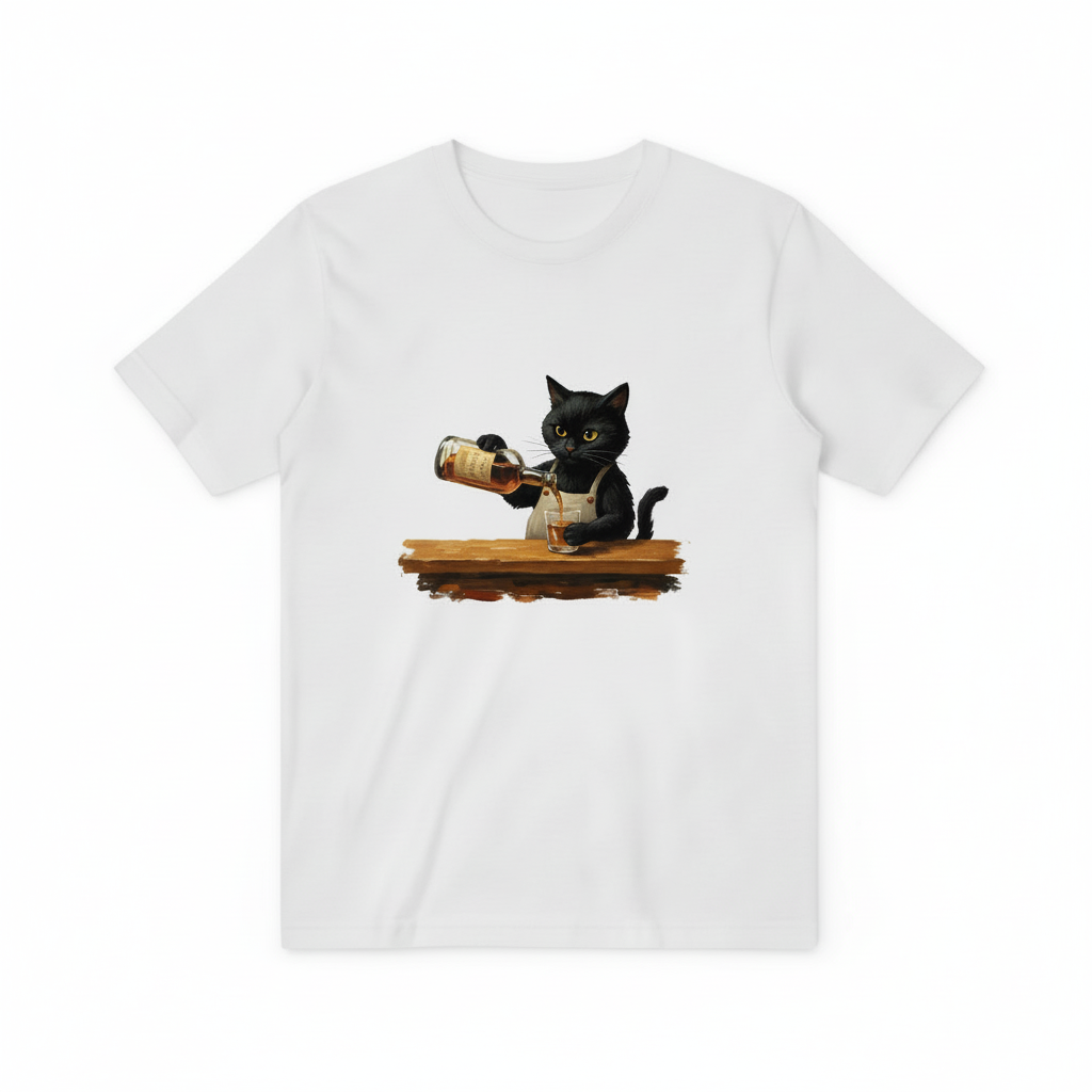 Bartender Black Cat Pouring Whiskey Graphic T-Shirt T3057