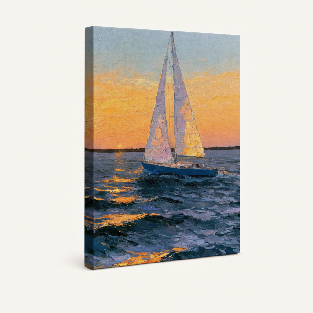 Gallery-Wrapped】Gallery-wrapped sailboat sunset canvas print with impressionist oil-style brushwork shown at angle on white background
