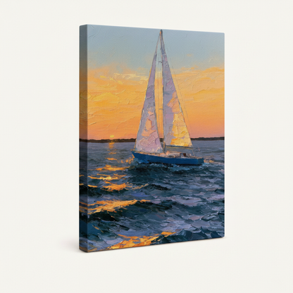 Gallery-Wrapped】Gallery-wrapped sailboat sunset canvas print with impressionist oil-style brushwork shown at angle on white background