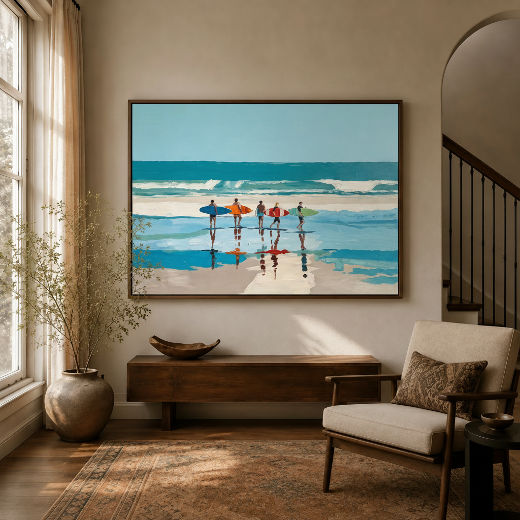 Surfers beach impressionist canvas wall art styled in a bright entryway with staircase and wooden console