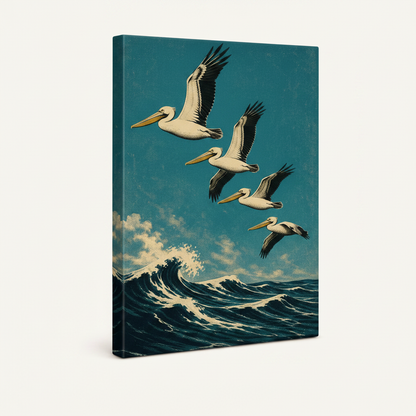 Gallery-wrapped pelican ocean canvas print shown at an angle on white background, teal sky and cresting wave
