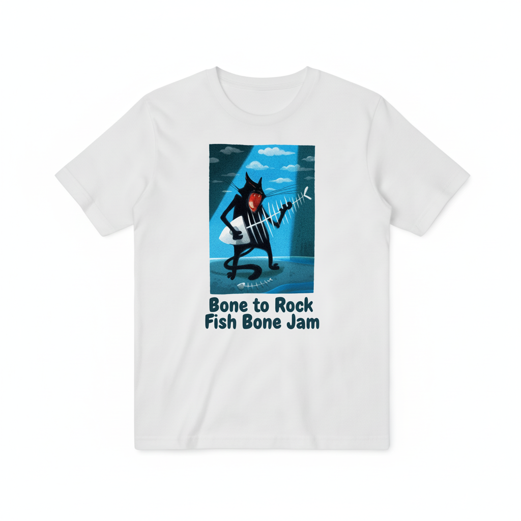 Bone to Rock Funny Cat Guitar Fish Bone Graphic T-Shirt T3041