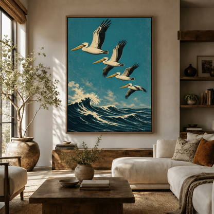 Large vintage pelican canvas wall art above white sofa in bright coastal living room with wood shelves and olive tree
