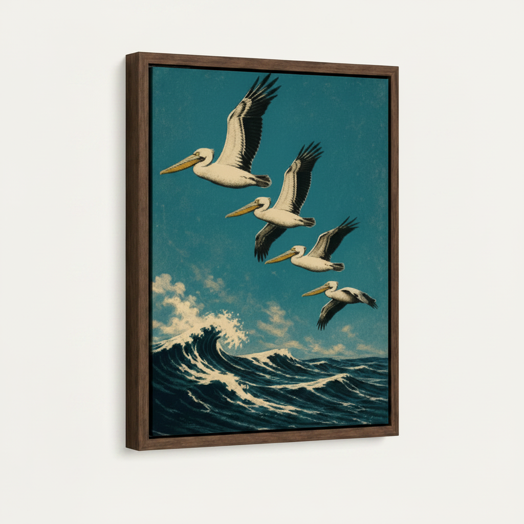 Framed canvas pelican wall art in dark walnut float frame, angled product view on white background