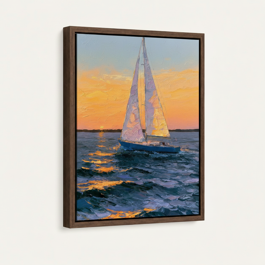 Framed sailboat sunset canvas print with dark walnut wood frame shown at angle on clean white background