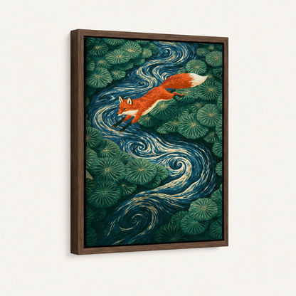 Framed fox canvas wall art angled view showing walnut wood frame and teal lotus pond design