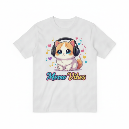 Cute Cat with Headphones Meow Vibes Music Lover T-Shirt T3005