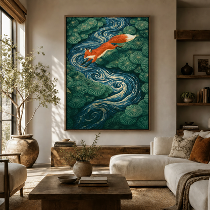 Whimsical fox leaping over swirling lotus pond canvas print in a bright boho living room