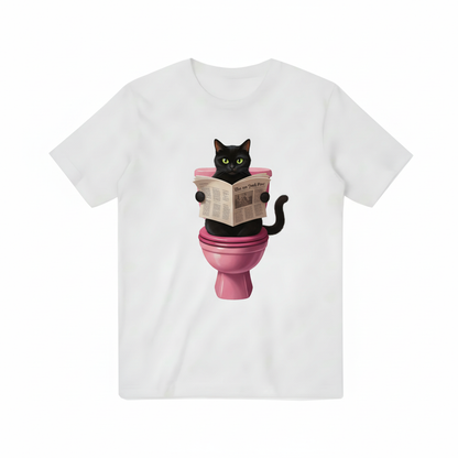 Funny Black Cat Reading Newspaper Bathroom Humor Graphic T-Shirt T3083