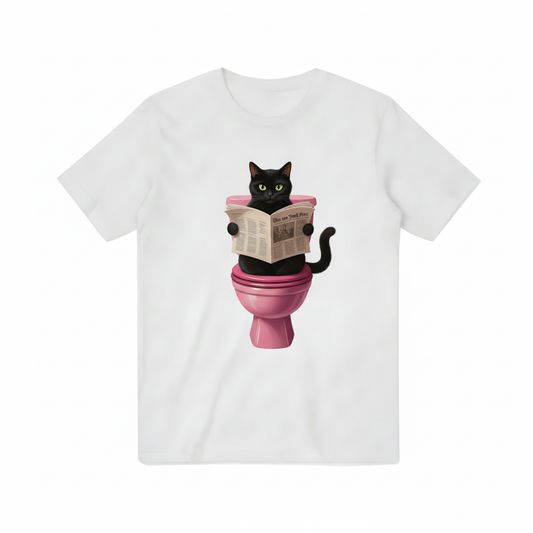 Funny Black Cat Reading Newspaper Bathroom Humor Graphic T-Shirt T3083