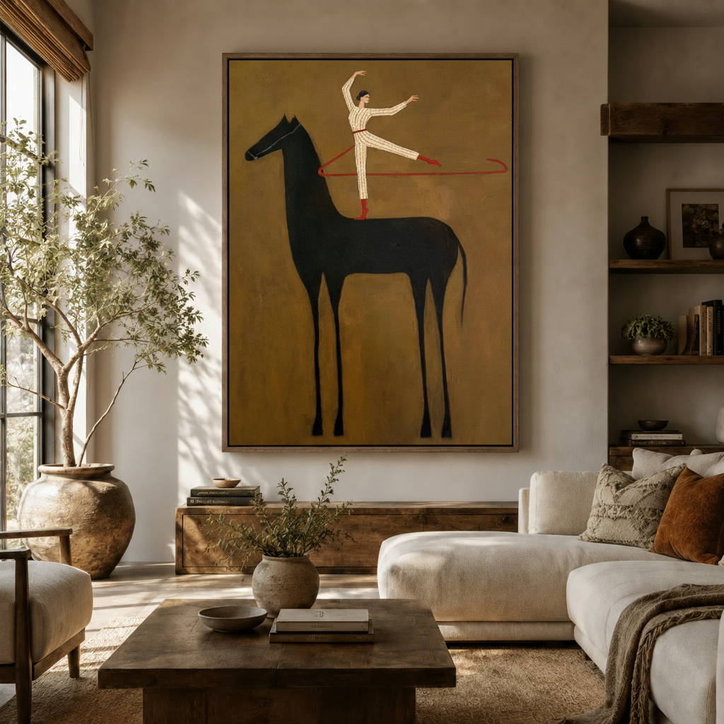 Framed canvas art of ballerina standing on black horse displayed in a warm neutral entryway