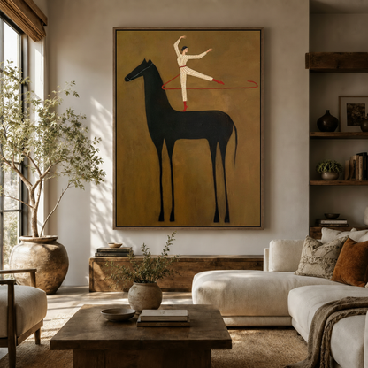Framed canvas art of ballerina standing on black horse displayed in a warm neutral entryway