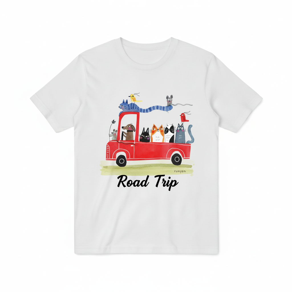 Cute Cats and Dogs Road Trip Adventure Graphic T-Shirt T3027