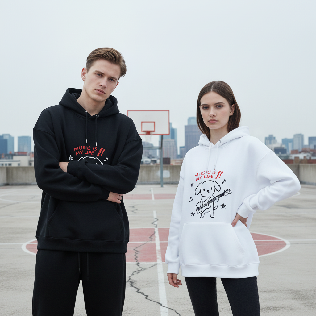 Music Is My Life Guitar Dog Funny Graphic Hoodie H1105