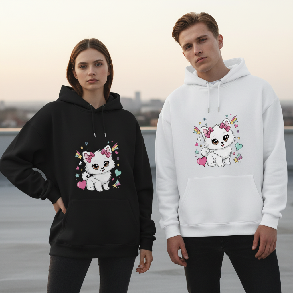 Kawaii Fluffy Puppy Pink Bow Hearts Graphic Hoodie H1087