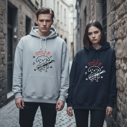 Music Is My Life Guitar Dog Funny Graphic Hoodie H1105