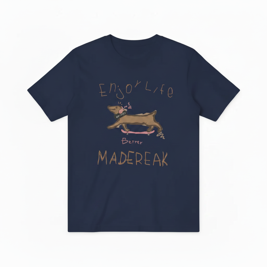 Navy blue - white background - brown text