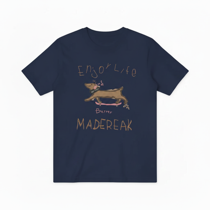 Navy blue - white background - brown text