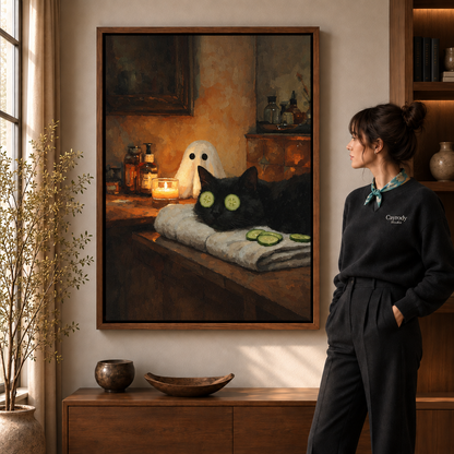 Framed black cat spa canvas displayed above a walnut console beside a woman.