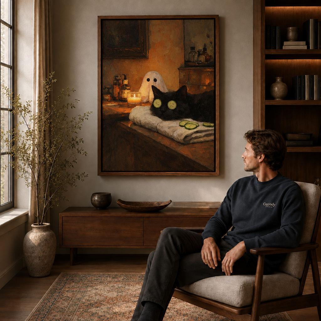 Black cat and ghost spa wall art displayed beside a seated man in a study.