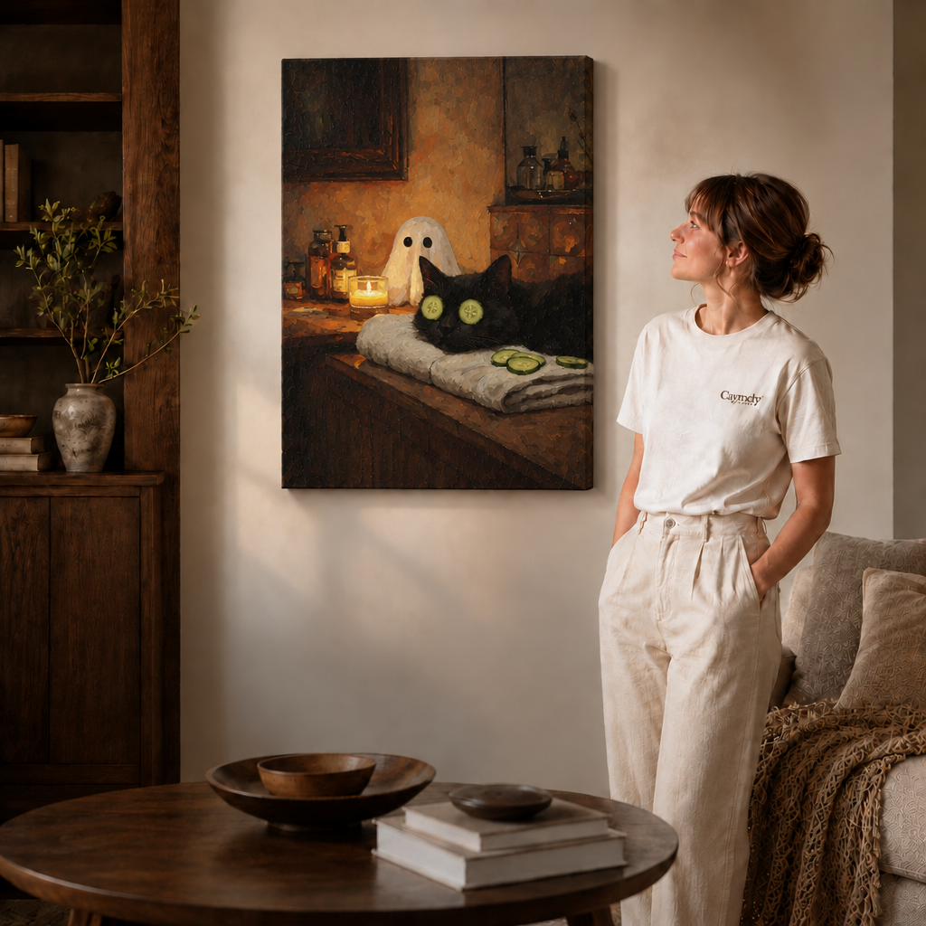 Candlelit black cat spa canvas with a tiny ghost displayed in a contemporary living room.