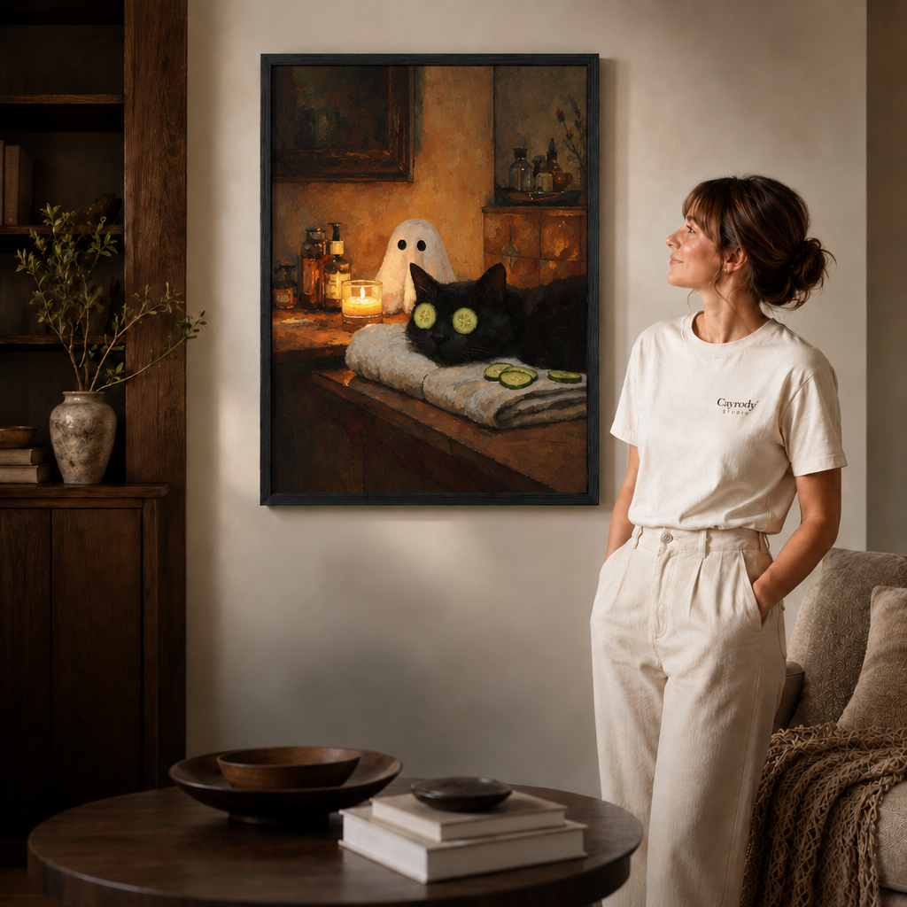 Black-framed cat with cucumber eye masks styled in a cozy neutral living room.