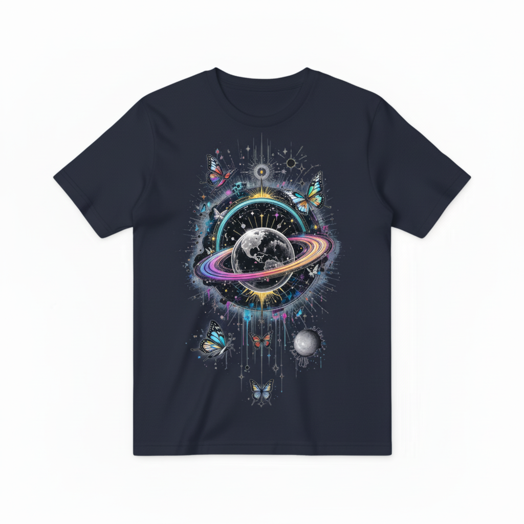 深蓝色T恤宇宙蝴蝶设计