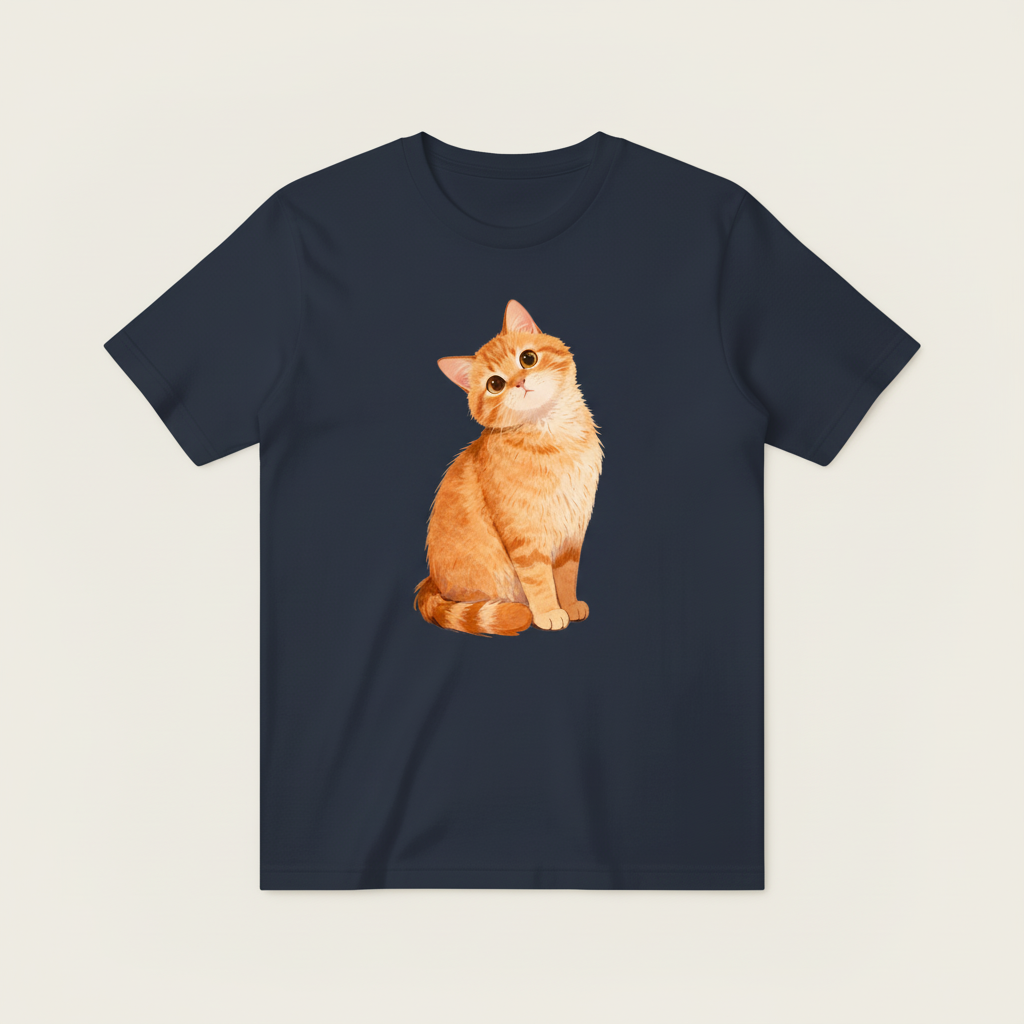 深蓝色T恤-橙色小猫