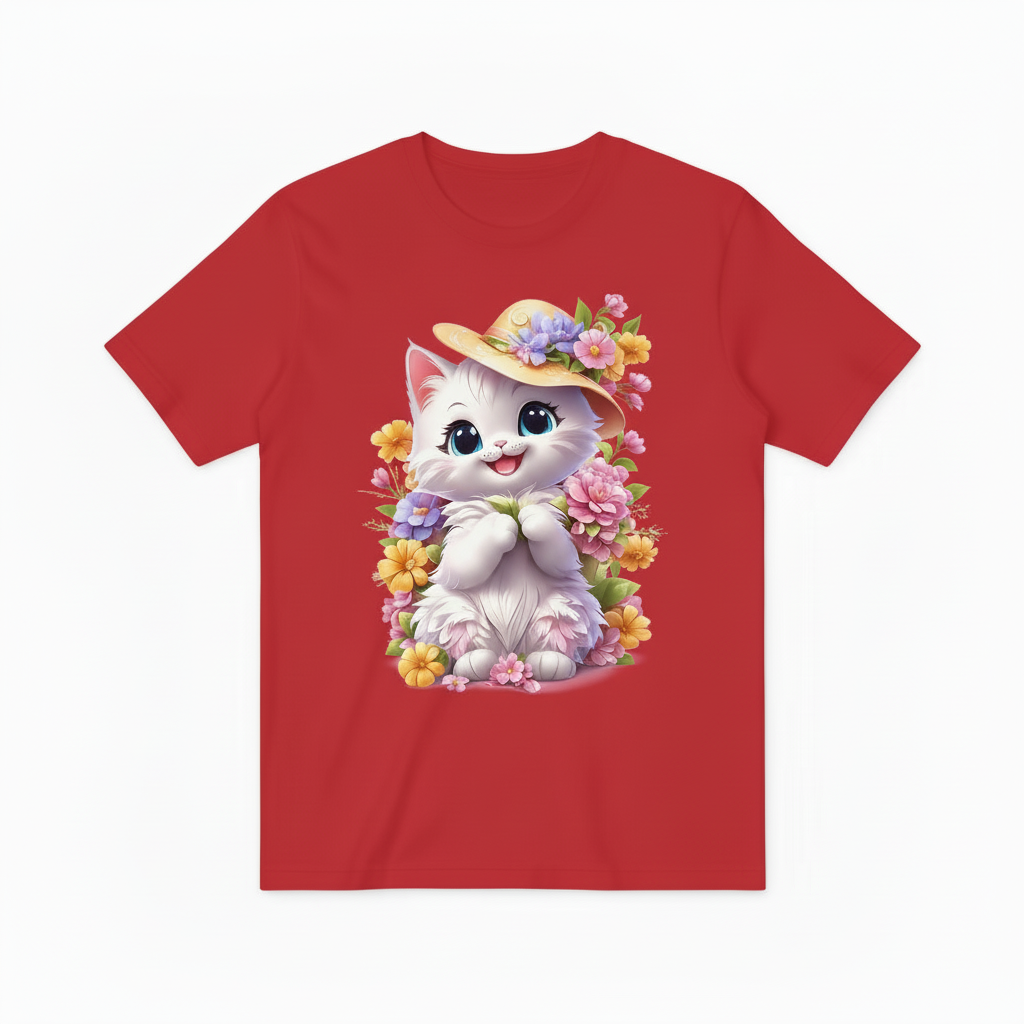小猫花帽T恤-红色