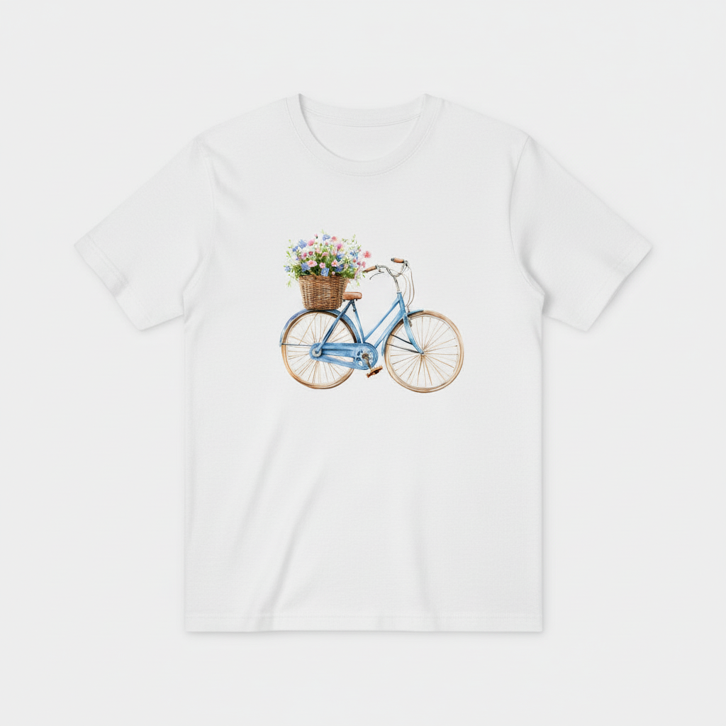 白色T恤 - 复古自行车花篮水彩插画
