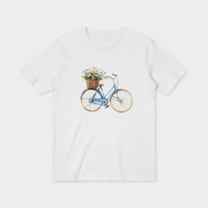 白色T恤 - 复古自行车花篮水彩插画