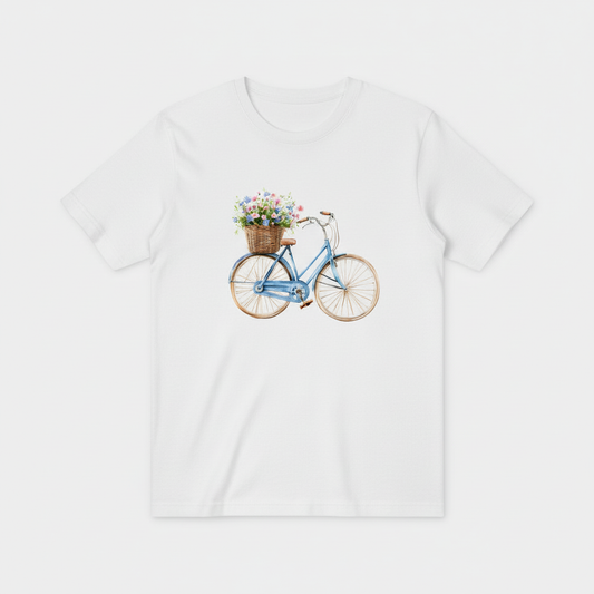 白色T恤 - 复古自行车花篮水彩插画