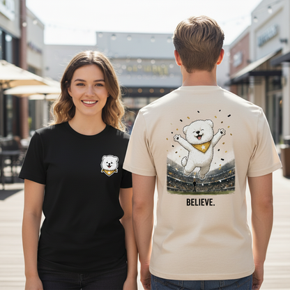 Believe Celebrating Dog Soccer Tee