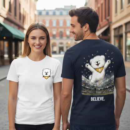 Believe Celebrating Dog Soccer Tee