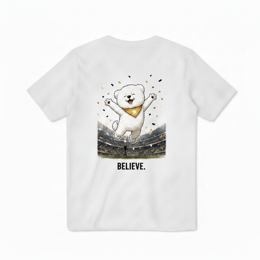 Believe Celebrating Dog Soccer Tee