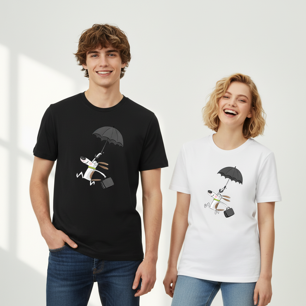 Flying Umbrella Dog Cute Minimalist Graphic Tee T7114