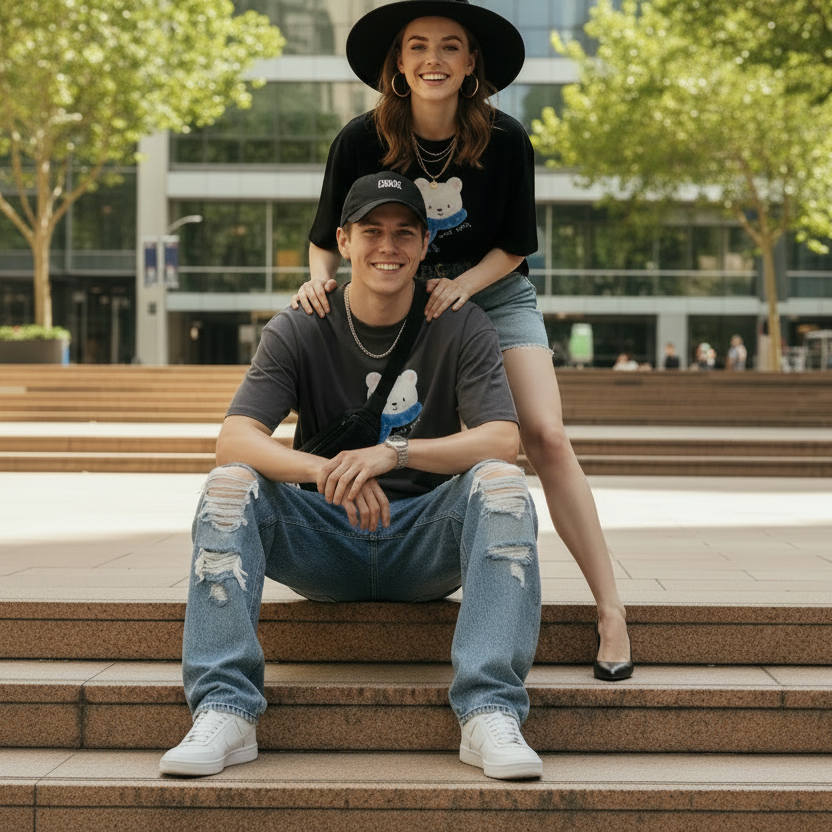 Urban man sitting woman standing behind