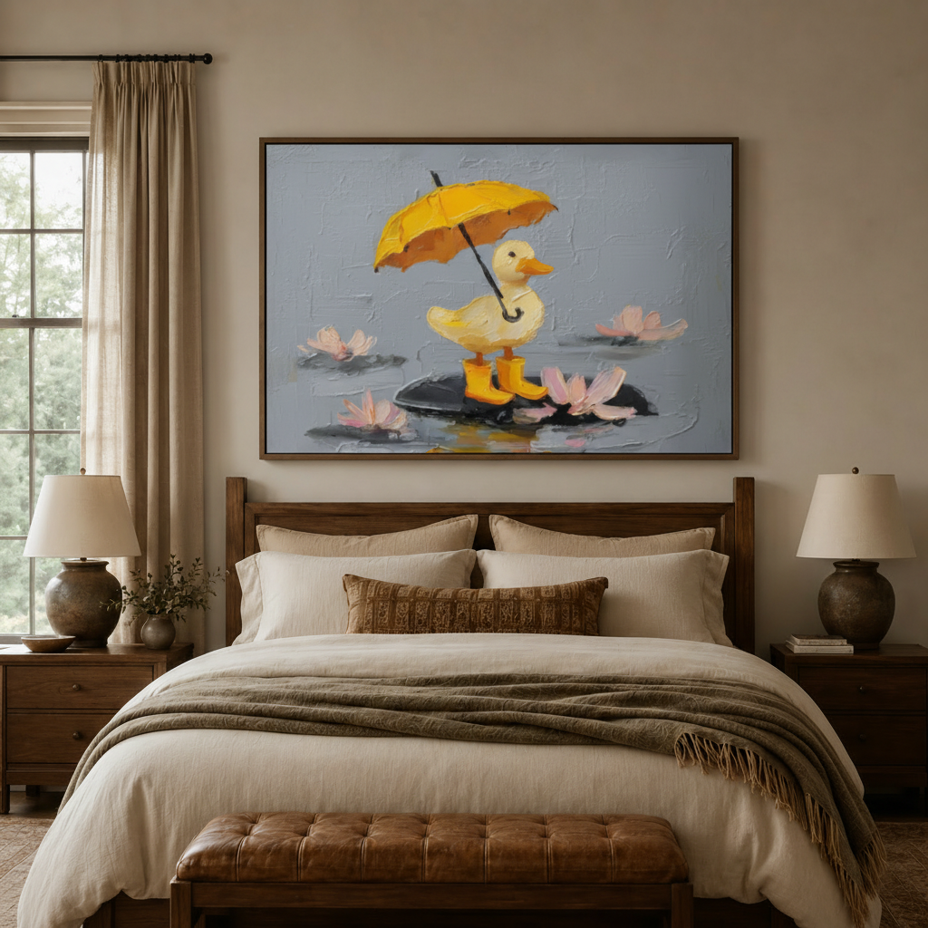 Playful duck rainy day canvas wall art hanging above bed in a neutral bedroom