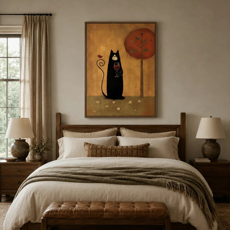 Black cat holding wine glass folk art canvas above bed in a rustic bedroom with warm ambient lighting