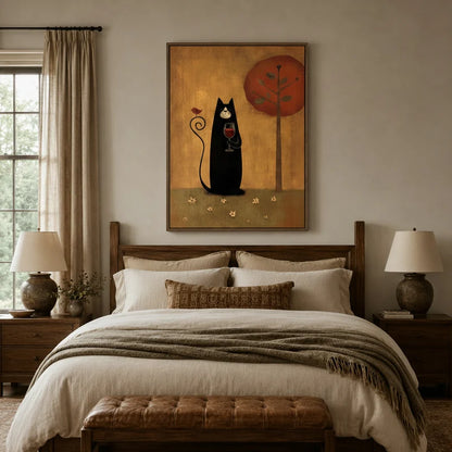 Black cat holding wine glass folk art canvas above bed in a rustic bedroom with warm ambient lighting