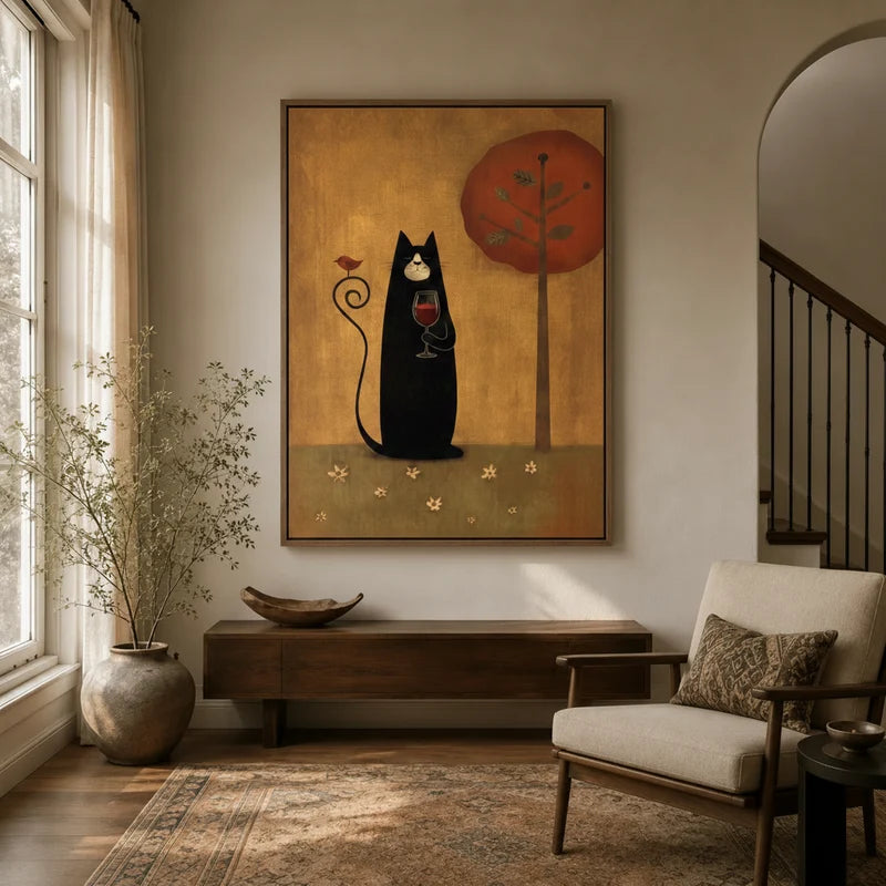 Folk art black cat with wine glass canvas displayed in a warm neutral entryway with wood console and armchair