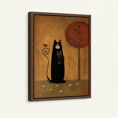 Angled product view of framed canvas — black cat with wine glass and bird on tail in walnut float frame