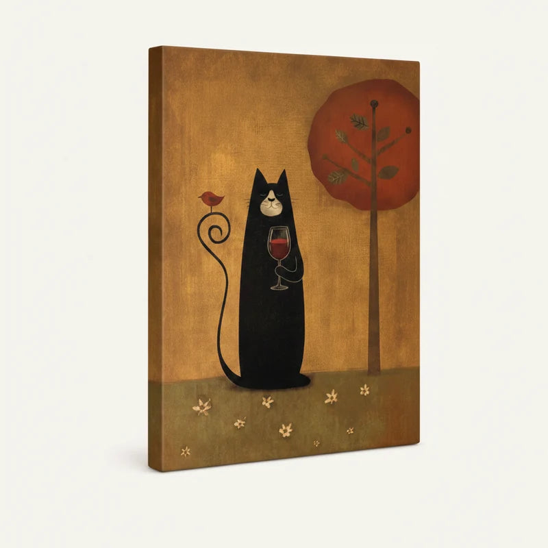 Angled product view of gallery-wrapped canvas showing folk art black cat with wine glass on amber background
