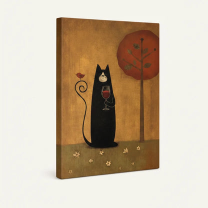 Angled product view of gallery-wrapped canvas showing folk art black cat with wine glass on amber background