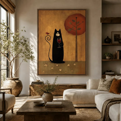 Whimsical black cat wine glass wall art hanging above sofa in a cozy boho living room with warm tones