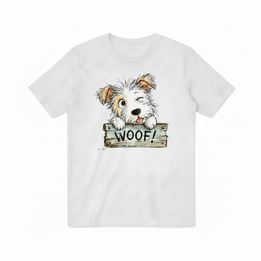 WOOF Puppy on White Tee Flat Lay