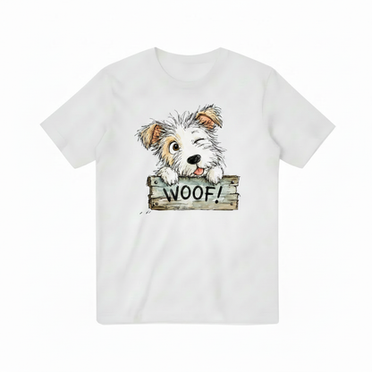 WOOF Puppy on White Tee Flat Lay