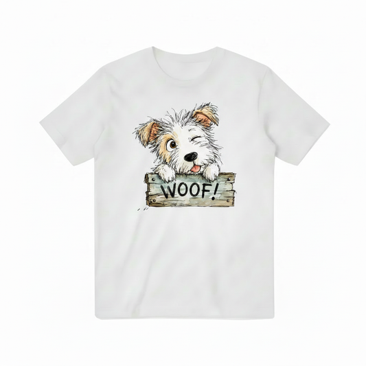 WOOF Puppy on White Tee Flat Lay